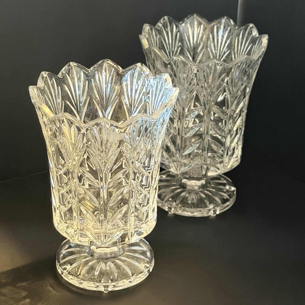 Pair Fifth Avenue Portico Crystal Hurricane Candle Holder Vases 7.5" Footed Set